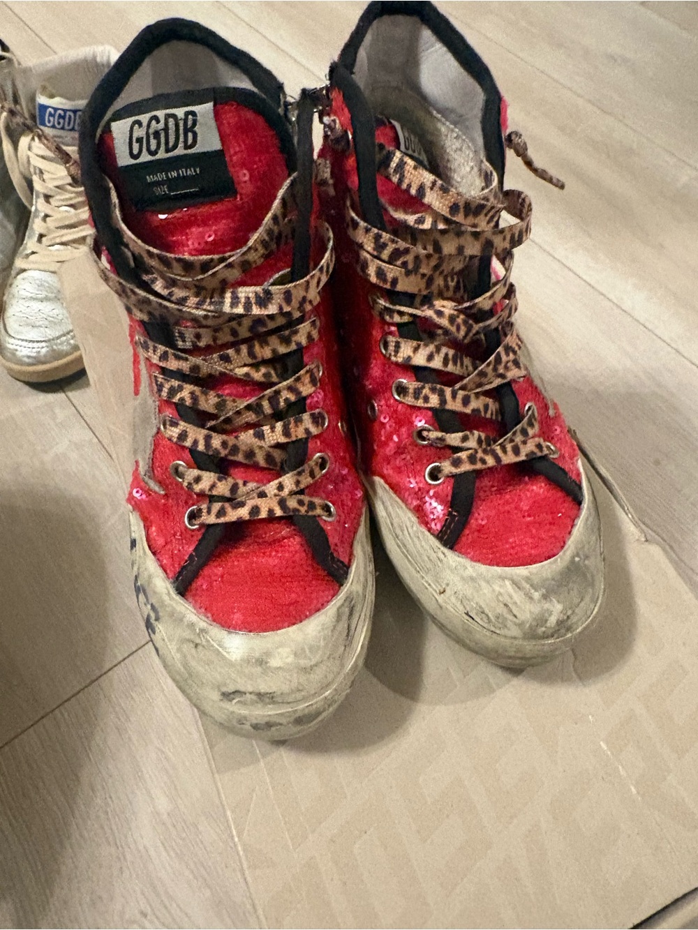 Golden Goose Red Sequin High-Top Sneakers with Leopard Laces